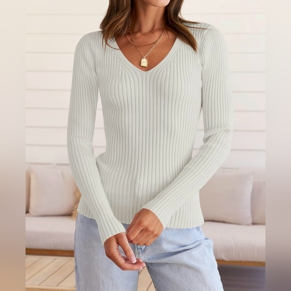 ZESICA Women's Long Sleeve V Neck Ribbed Knit Top